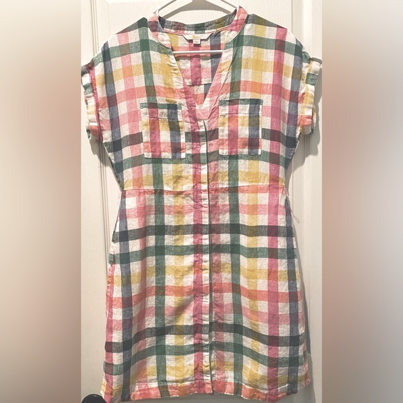 Boden Short Sleeve Evie Linen Shirt Mini Dress in Iguana Party Pink Gingham - Picture 3 of 8